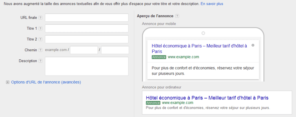 Nouvelle éditeur d'annonces AdWords