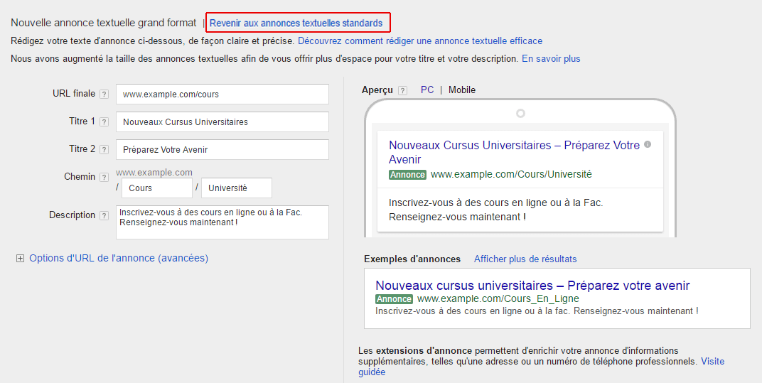 Formulaire de création d'annonces AdWords standards ou classiques