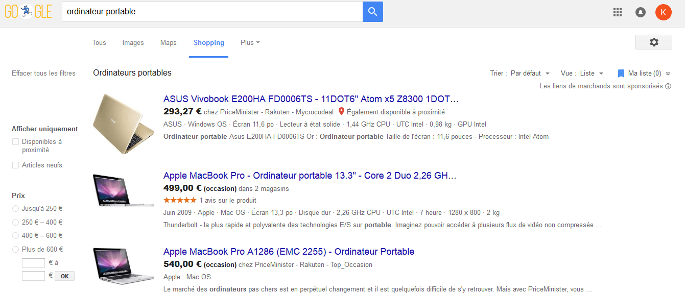 Il est également possible de trouver les produits via l'espace Google Shopping