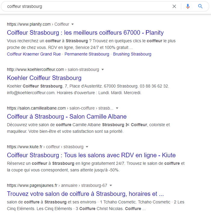 Exemple dans la SERP du référencement naturel local des coiffeurs à Strasbourg