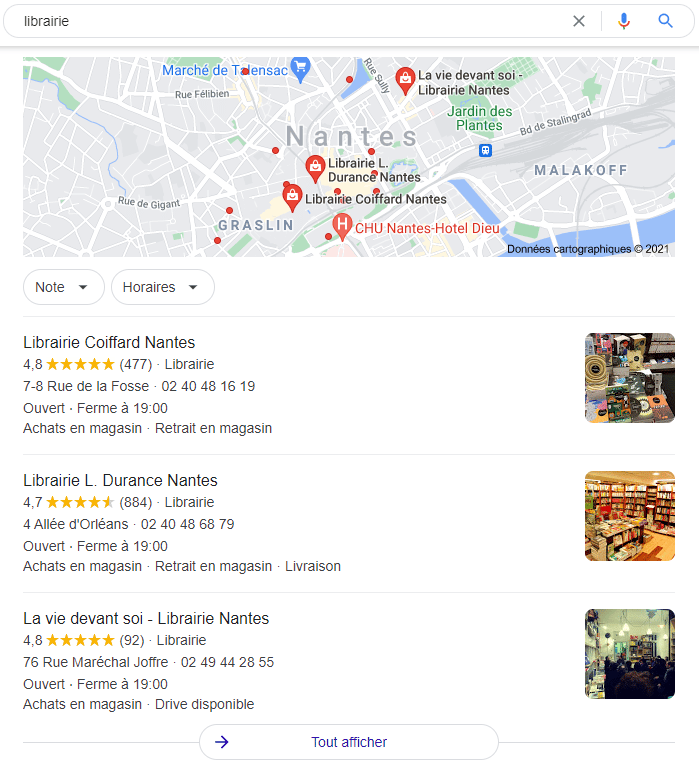 Exemple de référencement local avec la requête librairie qui géolocalise la recherche sur Nantes