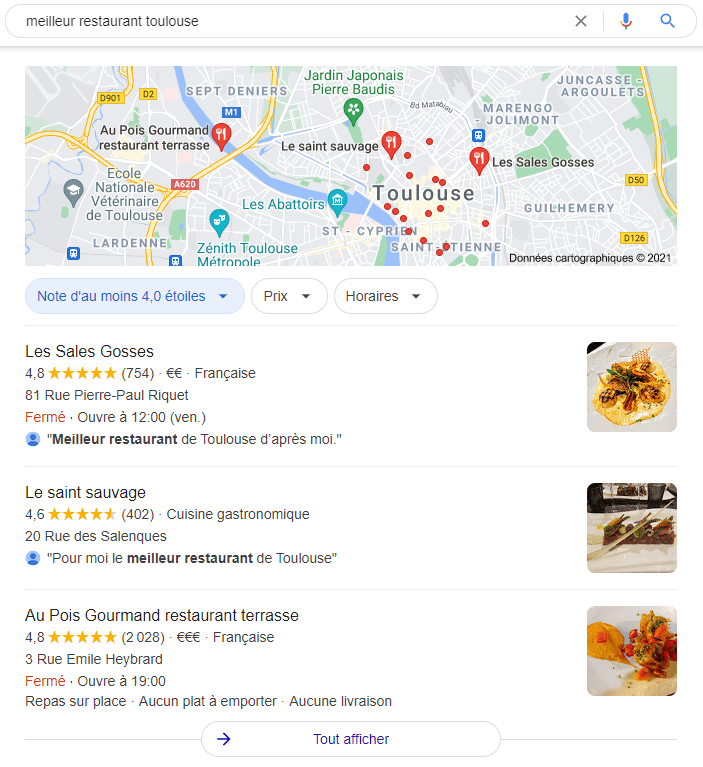 Exemple de référencement local avec la requête "meilleur restaurant Toulouse"