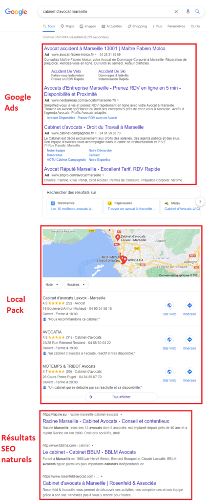 Présentation de la SERP pour présenter ou se trouve le pack local Google