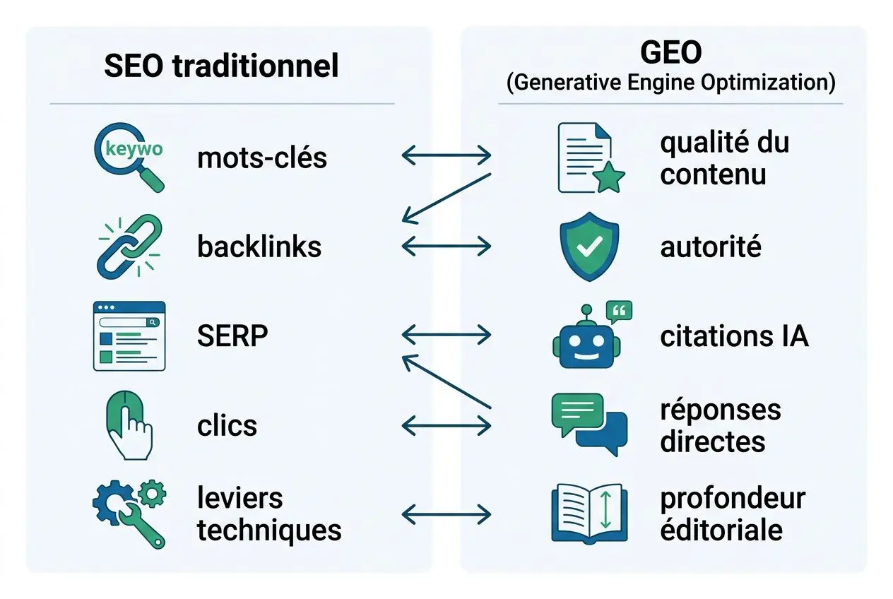 GEO en webmarketing : comparaison entre SEO traditionnel et GEO avec qualité du contenu, autorité, citations IA, réponses directes et profondeur éditoriale.