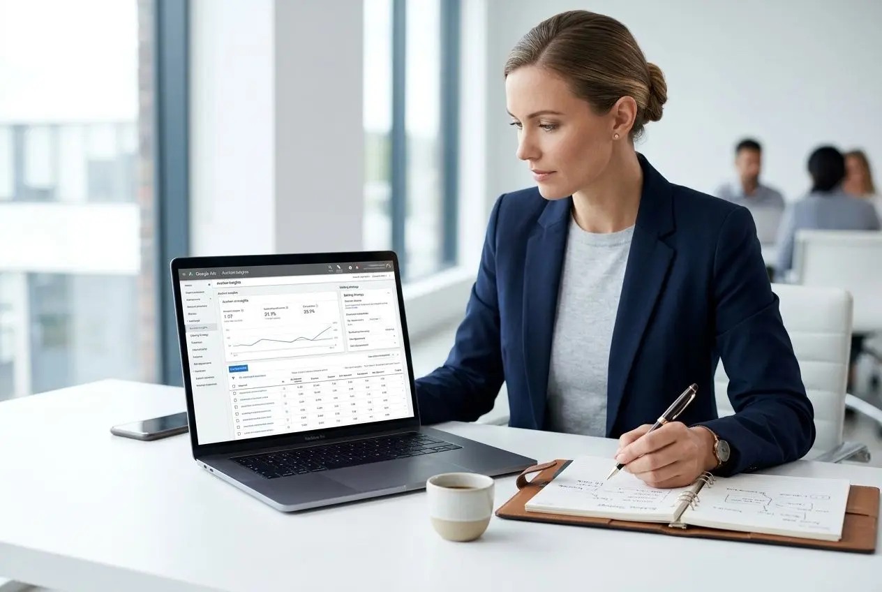 Professionnel analysant le système d'enchères Google Ads sur un ordinateur portable.