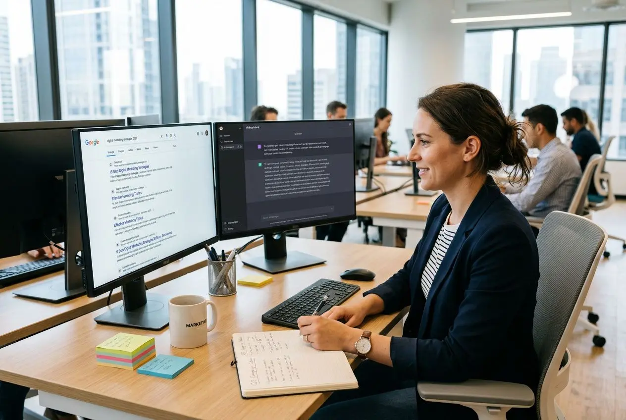 Visuel d’une professionnelle au bureau, écran d’ordinateur avec recherche Google, note et blocs‑notes sur le bureau, ambiance collaborative. GEO en webmarketing est visible comme nouveau levier IA dans le contexte SEO.